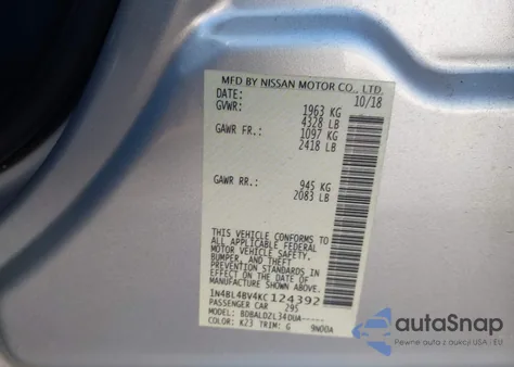 2019 Nissan Altima 2.5 S z USA, uszkodzony, nr VIN 1N4BL4BV4KC124392